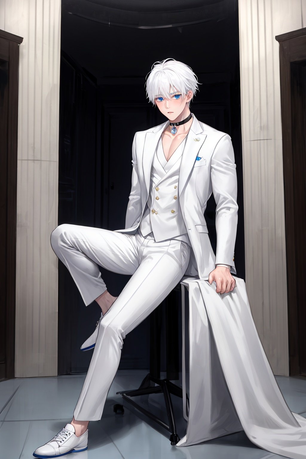 1boy,1080P,shota,white hair,solo,only,choker,muscle,sit,(white suit) ,white skin,blue eyes,STAND,Men's suits,shy