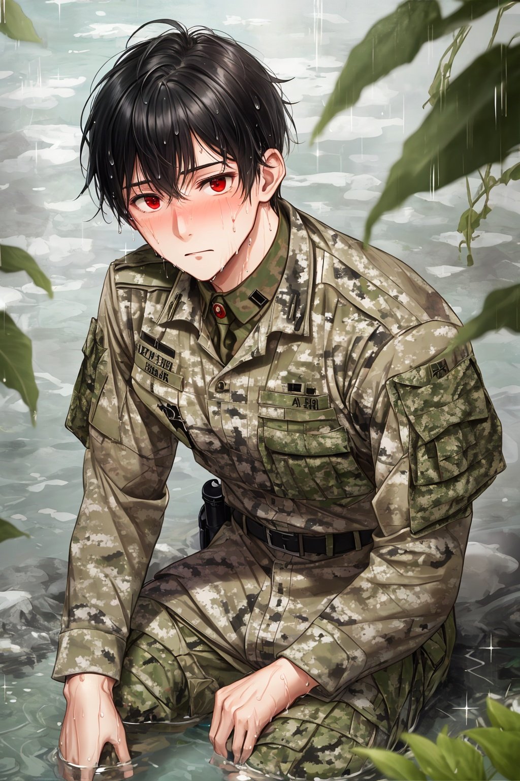 Male, officer, soldier, combat uniform, camouflage, sitting, sitting in water, wet, owo, embarrassed expression, black hair, red eyes，only