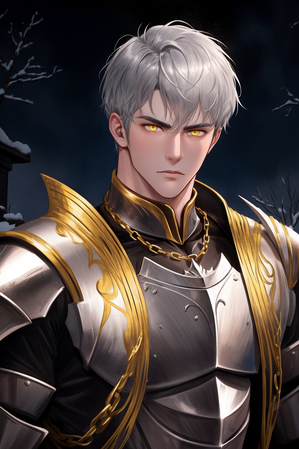 (absurdres, highres, ultra detailed), 1 male, adult, handsome, tall muscular guy, broad shoulders, finely detailed eyes and detailed face, knight, silver armor, muscles, short hair, yellow eyes, gold chain, cool, stoic, winter night