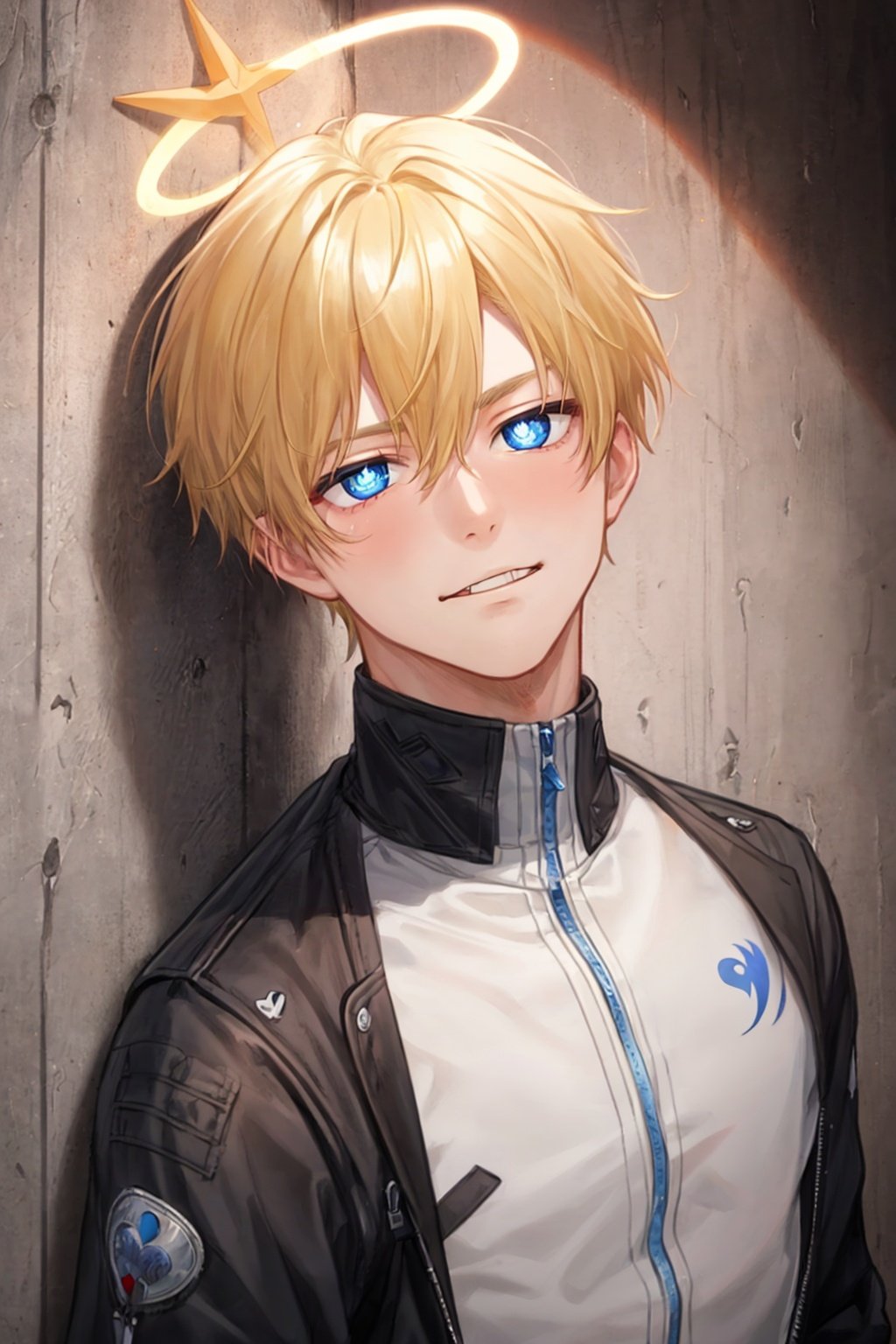 male,1boy, masterpiece, best quality, sea, game_cg, angel, solo, short hair, blonde hair, heart-shaped pupils, smug, blue eyes, halo,  against wall, 