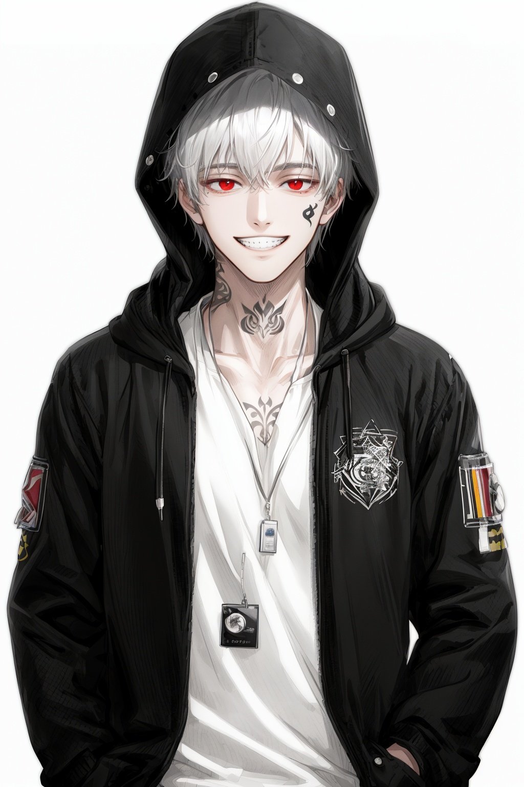 (extremely detailed CG unity 8k wallpaper),(((masterpiece))), (((best quality))), ((ultra-detailed)), (best illustration),(best shadow), ((an extremely delicate and beautiful)),1boy, grin, hood, hood_up, hoodie, male_focus, monochrome, red_eyes, simple_background, smile, solo, ((short hair)),hand in pocket, upper_body, facial tattoo,Jackets,badge,white_background