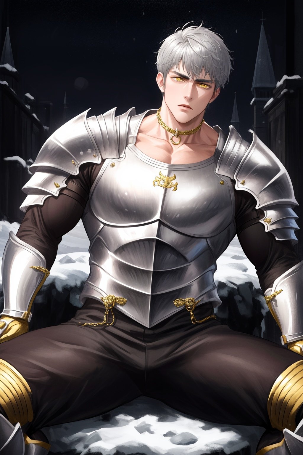 (absurdres, highres, ultra detailed), 1 male, adult, handsome, tall muscular guy, broad shoulders, finely detailed eyes and detailed face, knight, silver armor, muscles, short hair, yellow eyes, gold chain, cool, stoic, winter night，choker，sit，gray bodysuit，spread legs