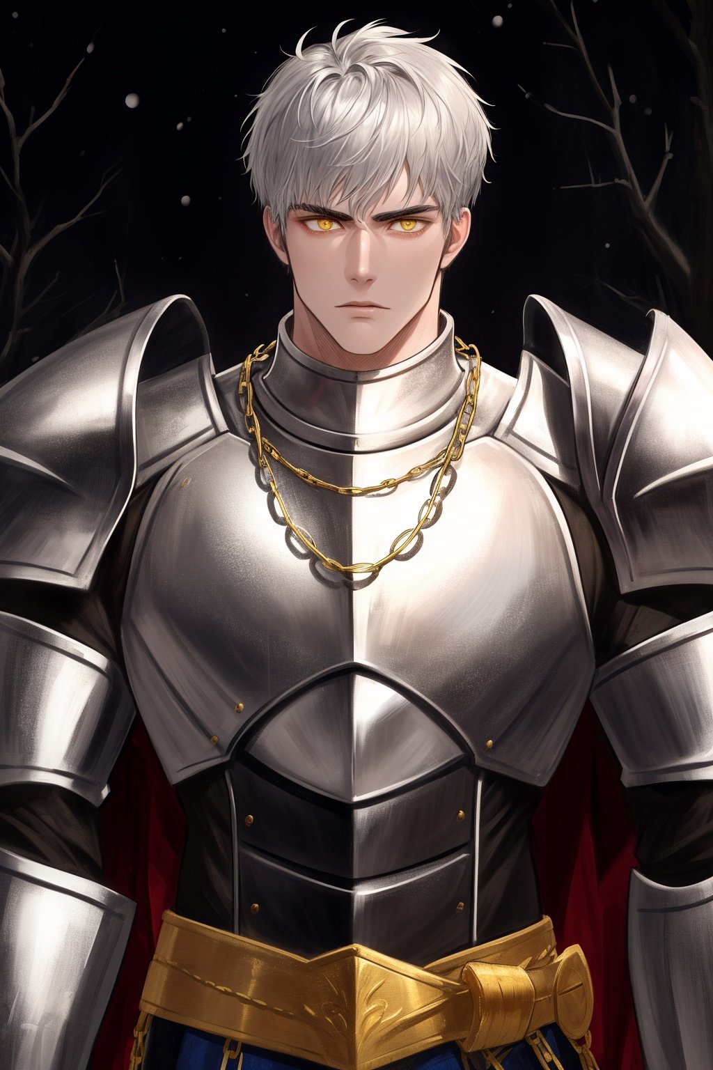 (absurdres, highres, ultra detailed), 1 male, adult, handsome, tall muscular guy, broad shoulders, finely detailed eyes and detailed face, knight, silver armor, muscles, short hair, yellow eyes, gold chain, cool, stoic, winter night