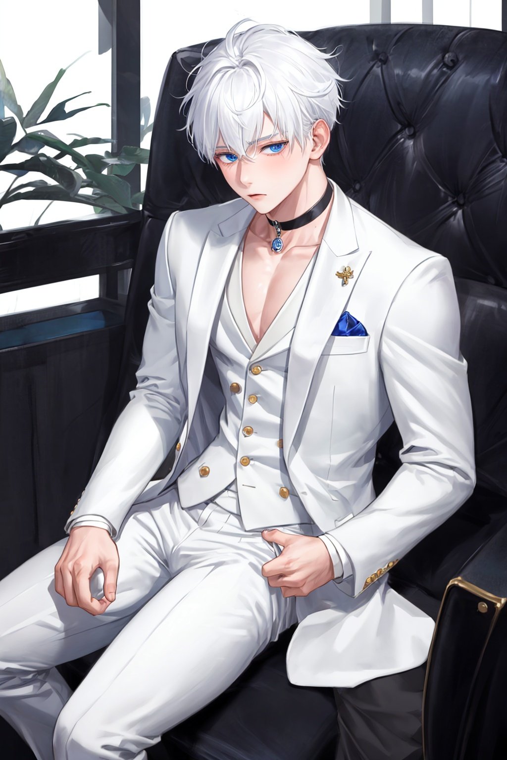 1boy,1080P,shota,white hair,solo,only,choker,muscle,sit,(white suit) ,white skin,blue eyes,STAND,Men's suits,shy