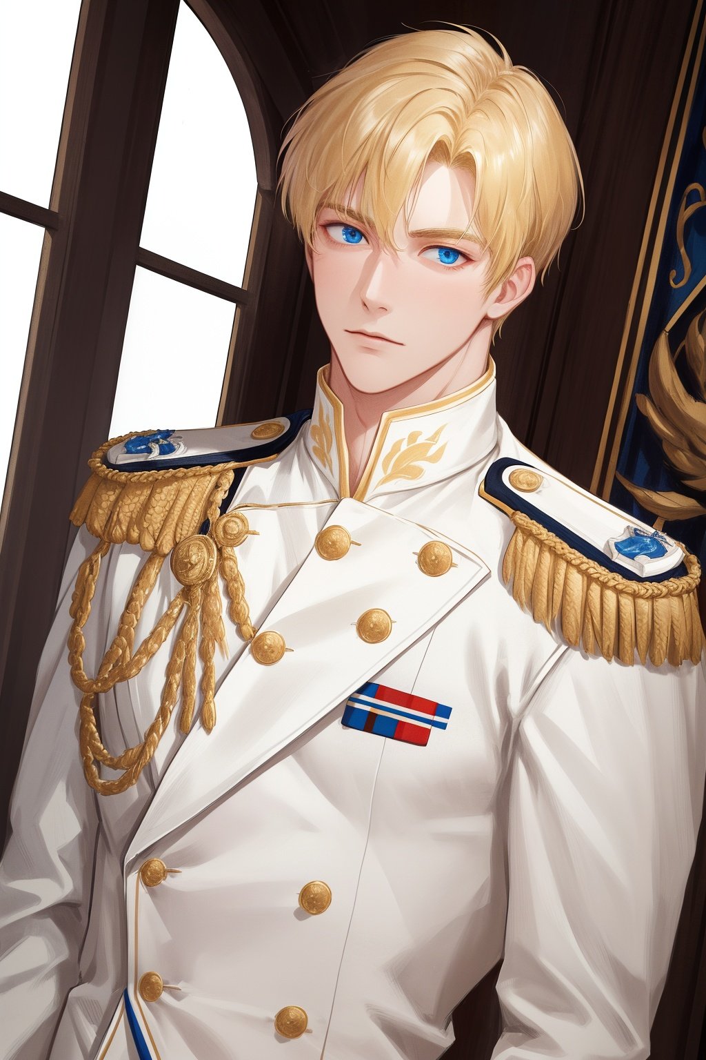 (absurdres, highres, ultra detailed), 1 male, adult, handsome, tall muscular guy, broad shoulders, finely detailed eyes, Fantasy, royal, nobleman, Admiral, short hair, blonde hair, blue eyes, fleet commander, navy, commander, white uniform, (dutch angle), closed mouth, upper body，solo，only