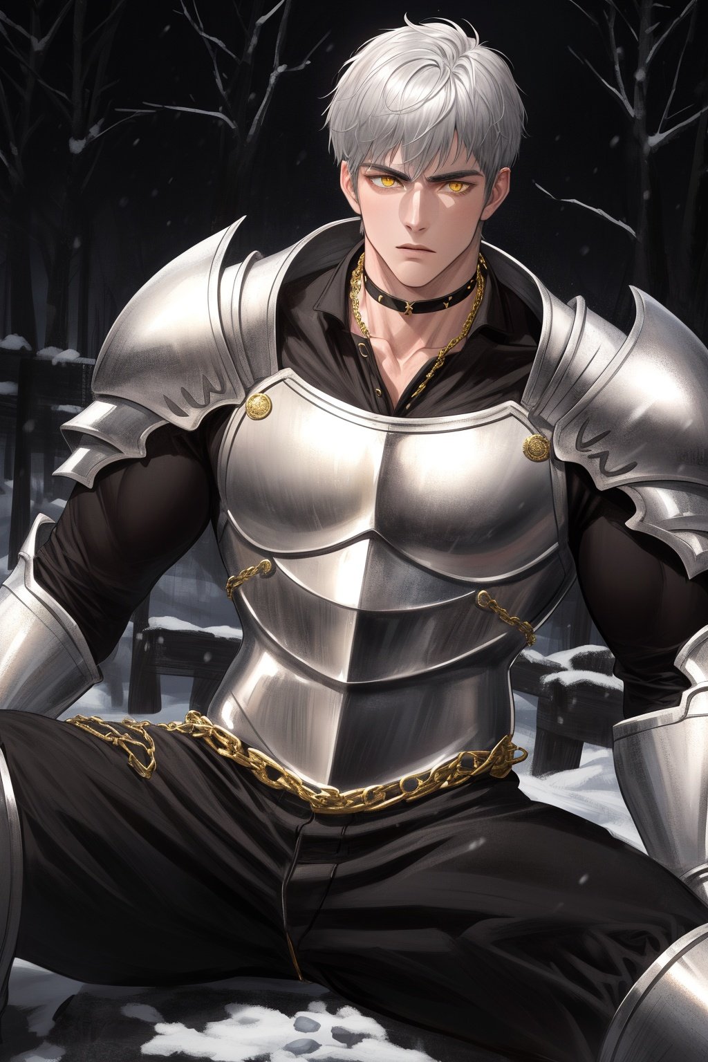 (absurdres, highres, ultra detailed), 1 male, adult, handsome, tall muscular guy, broad shoulders, finely detailed eyes and detailed face, knight, silver armor, muscles, short hair, yellow eyes, gold chain, cool, stoic, winter night，choker，sit，gray bodysuit，spread legs