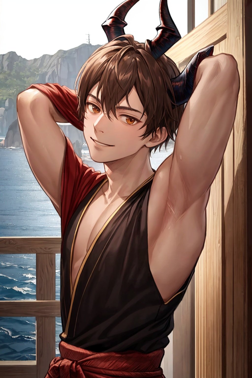 masterpiece, best quality, masterpiece,best quality,official art,extremely detailed CG unity 8k wallpaper, arms behind head, sea, game_cg, male, ninja, looking to the side , light smile, brown eyes, empty eyes, demon horns, ((undercut))