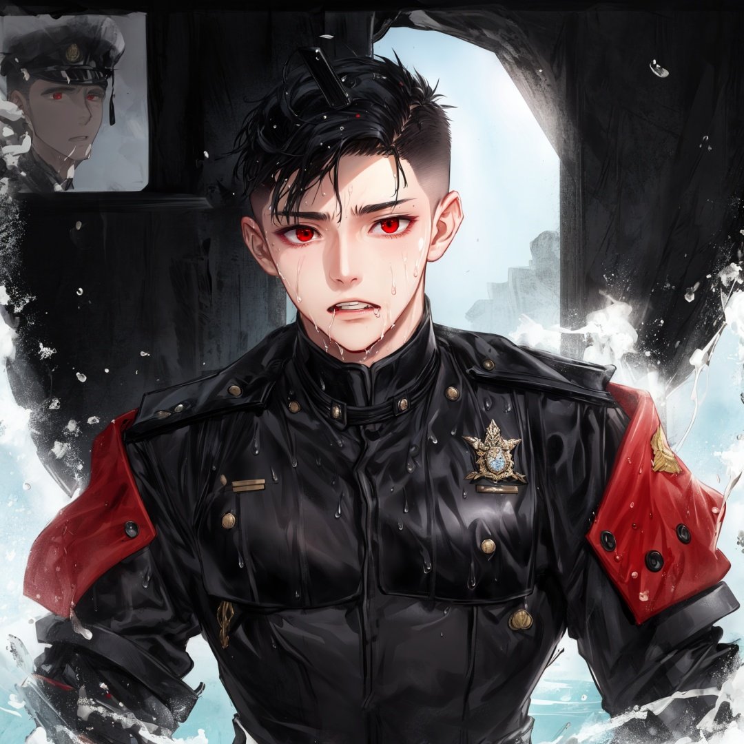 Male, officer, soldier, combat uniform, ((black uniform)),, wet, owo, erotic expression, black hair, red eyes，only，（undercut），bodysuit，buzz cut