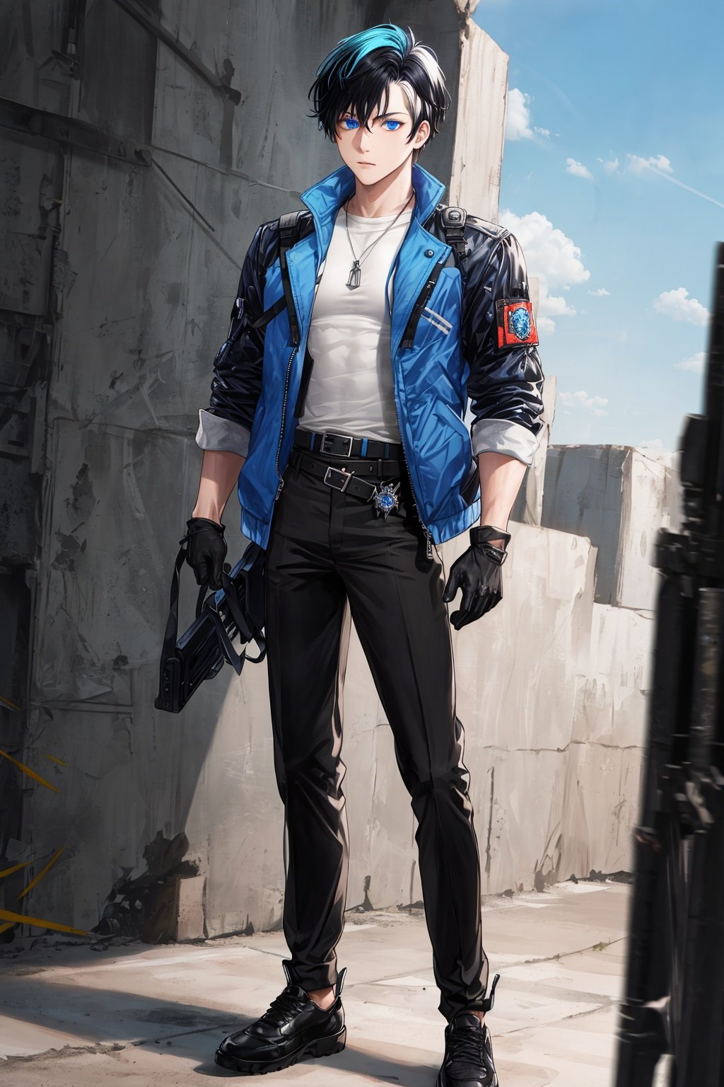 (((multicolored_hair)))，boy,black hair, blue eyes,muscle，male_focus, blue_eyes, jacket, gloves, belt, black_hair, weapon, black_gloves，sky，only，solo，1boy, male_focus, jacket, gloves, blue_eyes, black_hair, belt, shoes, black_pants, solo, black_gloves，full body,