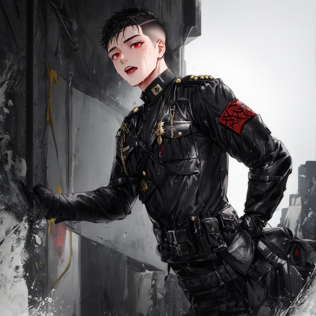 Male, officer, soldier, combat uniform, ((black uniform)),, wet, owo, erotic expression, black hair, red eyes，only，（undercut），bodysuit，buzz cut