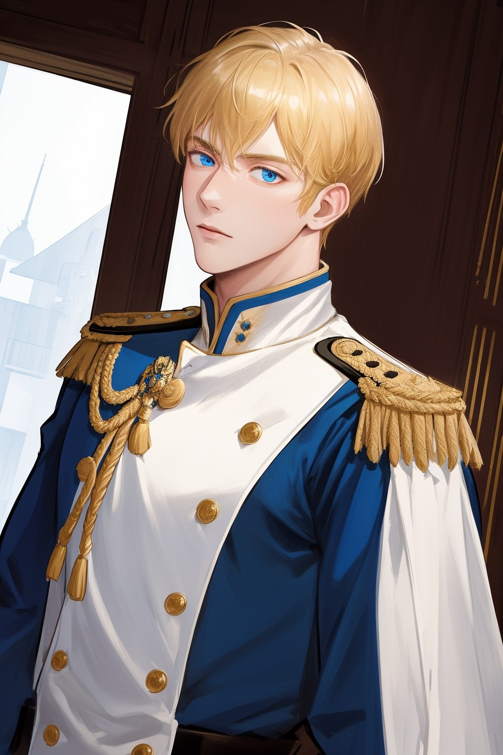 (absurdres, highres, ultra detailed), 1 male, adult, handsome, tall muscular guy, broad shoulders, finely detailed eyes, Fantasy, royal, nobleman, Admiral, short hair, blonde hair, blue eyes, fleet commander, navy, commander, white uniform, (dutch angle), closed mouth, upper body，solo，only