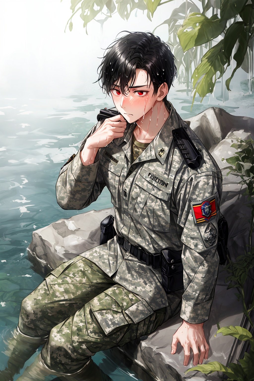 Male, officer, soldier, combat uniform, camouflage, sitting, sitting in water, wet, owo, embarrassed expression, black hair, red eyes，only