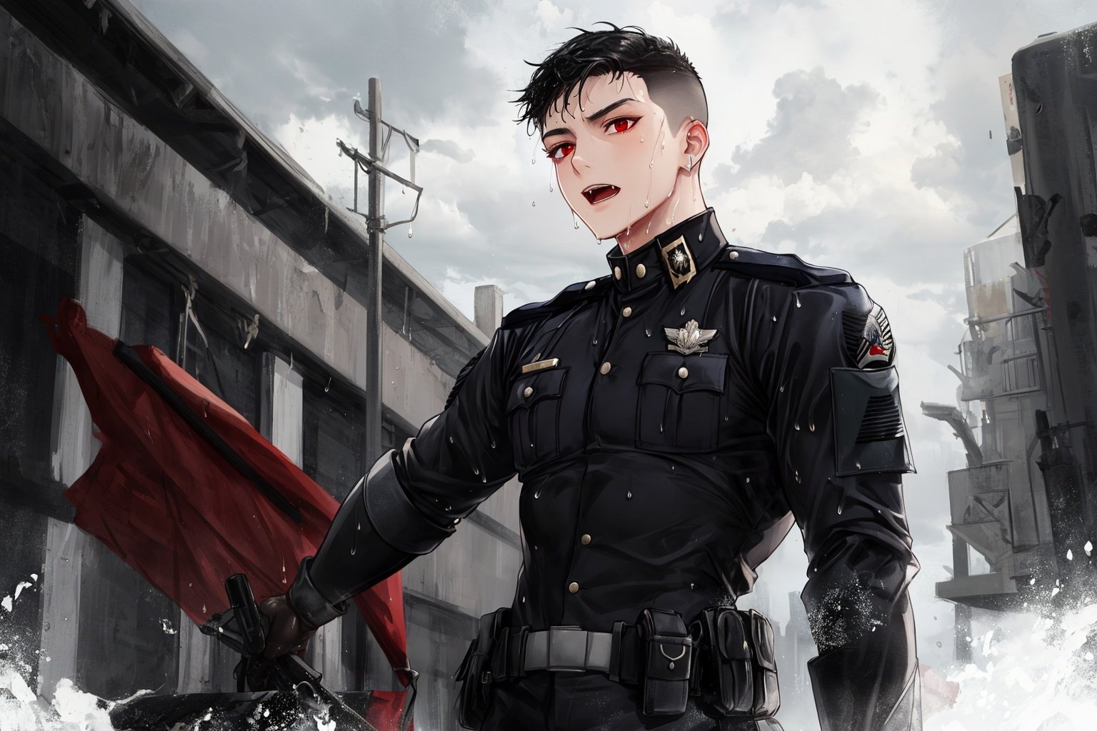 Male, officer, soldier, combat uniform, ((black uniform)),, wet, owo, erotic expression, black hair, red eyes，only，（undercut），bodysuit，buzz cut