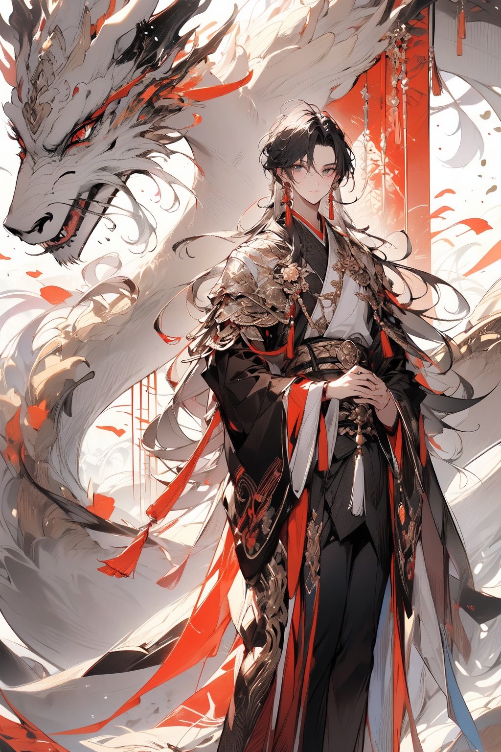 , (masterpiece:1.2), best quality,PIXIV,midjourney portrait,long hair, hanfu, 1boy, flower, male focus, chinese clothes, holding, jewelry, full body, earrings, white flower, long sleeves, standing, tassel, wide sleeves, dragon, solo, black hair, parted bangs, very long hair, grey hair, multicolored hair, holding flower, looking at viewer, tassel earrings, closed mouth, bangs, white hair<lora:midjourney portrait_20230625143136:0.9>