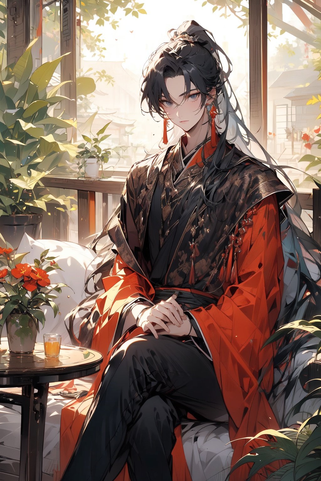 , (masterpiece:1.2), best quality,PIXIV,midjourney portrait,long hair, hanfu, multiple boys, red flower, sitting, flower, black hair, chinese clothes, long sleeves, male focus, table, holding, window, jewelry, ponytail, looking at viewer, wide sleeves, very long hair, lattice, solo focus, indoors, earrings, hair ornament, vase, book, plant, robe, bangs, tassel, closed mouth, crossed legs <lora:midjourney portrait_20230625143136:0.9>