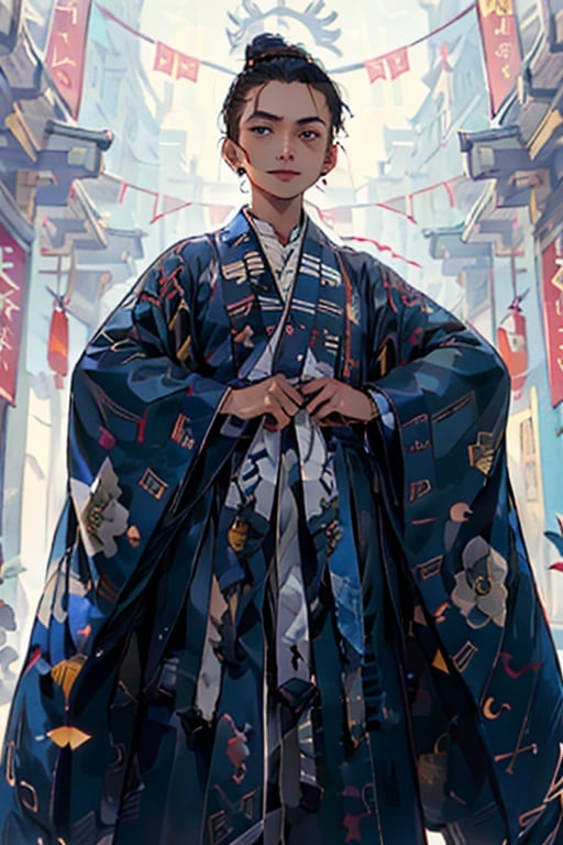 solo,hair_bun,long_sleeves,hanfu,chinese_clothes,<lora:daoshi:0.7>,masterpiece,Optimum quality,Pretty face,(1boy:1.6),<lora:全网首发_白虎-天地法相_v1:0.7>,White_Tige,(style by artist Andrew Jones),