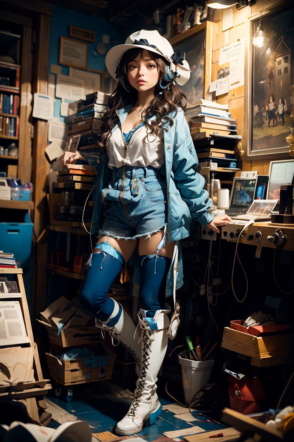 1girl,(full body:1.4),dolichoscelia,White boots,solo,headphones,zipper,cinematic lighting,strong contrast,romantic realism style,high level of detail,(dreamlike scenes),<lora:bj_Alice:0.7>,