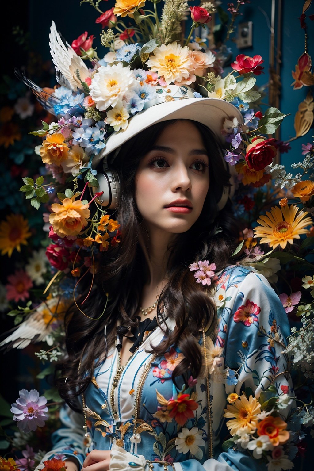 1girl,(full body:1.4),dolichoscelia,White boots,solo,hat flower,headphones,zipper,cinematic lighting,strong contrast,romantic realism style,high level of detail,(dreamlike scenes),Rose,Yellow flower,Red flower,The bird,unit,<lora:bj_Alice:0.7>,Make up,jewel,Headwear,