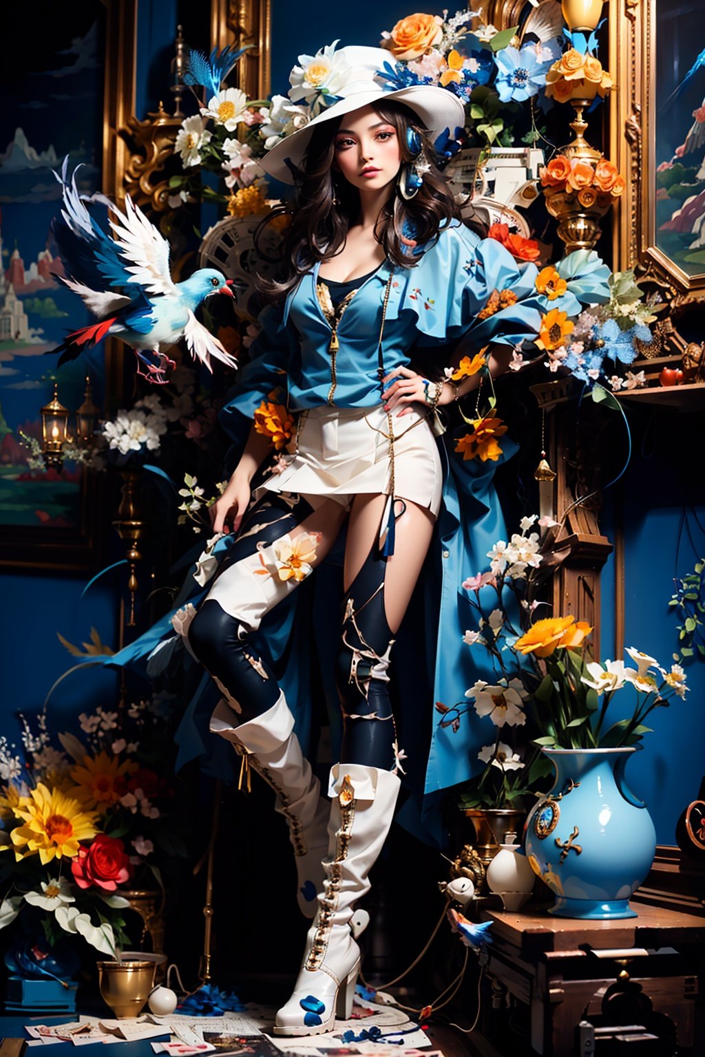 1girl,(full body:1.4),dolichoscelia,White boots,solo,hat flower,headphones,zipper,cinematic lighting,strong contrast,romantic realism style,high level of detail,(dreamlike scenes),Rose,Yellow flower,Red flower,The bird,unit,<lora:bj_Alice:0.7>,Make up,jewel,Headwear,