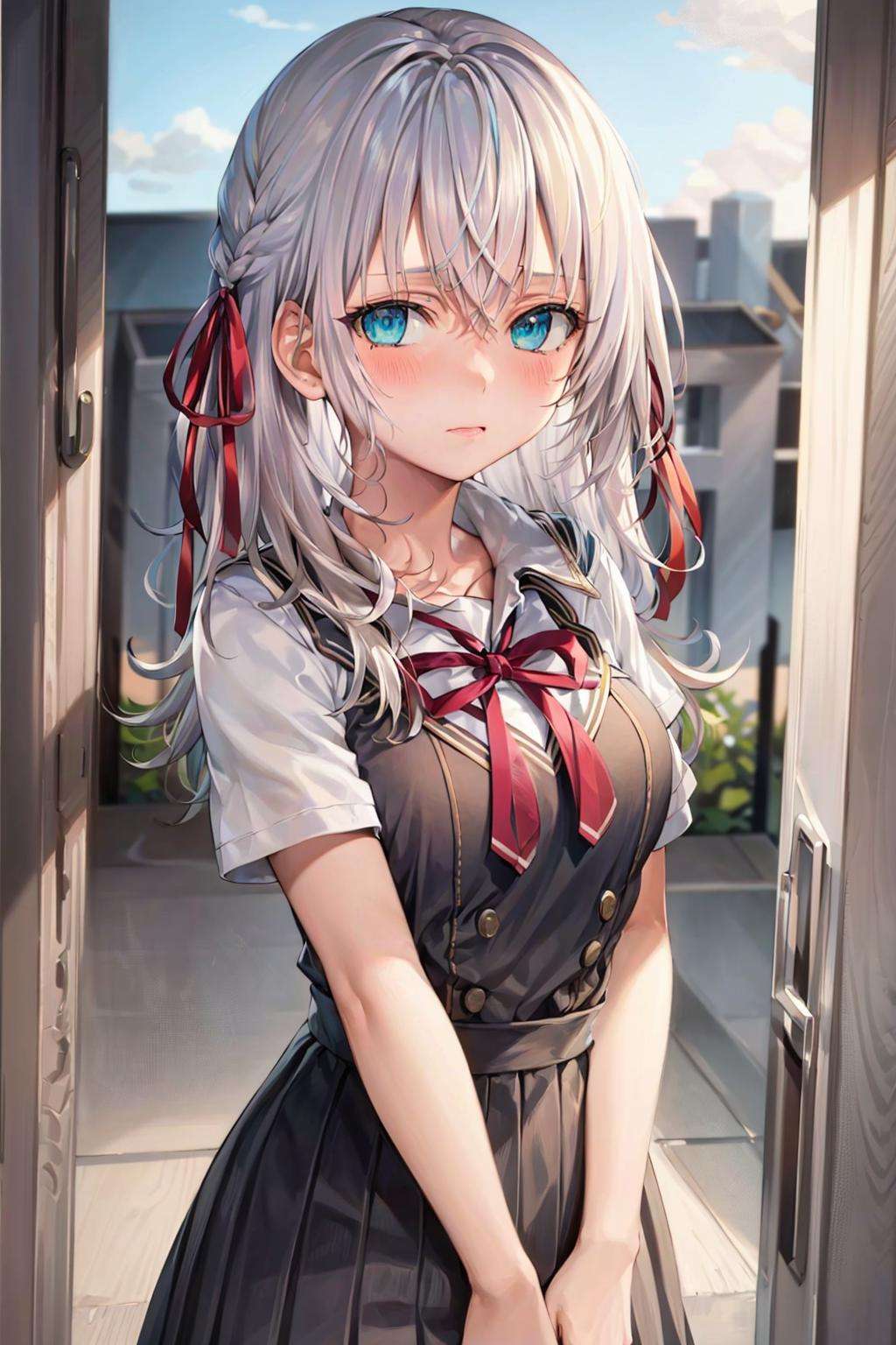 masterpiece, best quality, 1girl, looking at viewer, hair between eyes, aqua eyes, white hair, long hair, ribbon, hair ribbon, school uniform, pleated skirt, white shirt, black skirt, short sleeves, arms behind back, embarrassed, blush, 