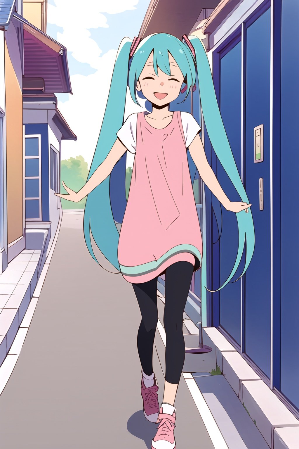 1girl, masterpiece, high quality, high detailed, highres, 4k, pixiv, solo, <lora:do_it_yourself_style-08:1> , doitstyle, hatsune miku, street, walking,  smile, happy, closed eyes, (perfect face and eyes), dynamic pose