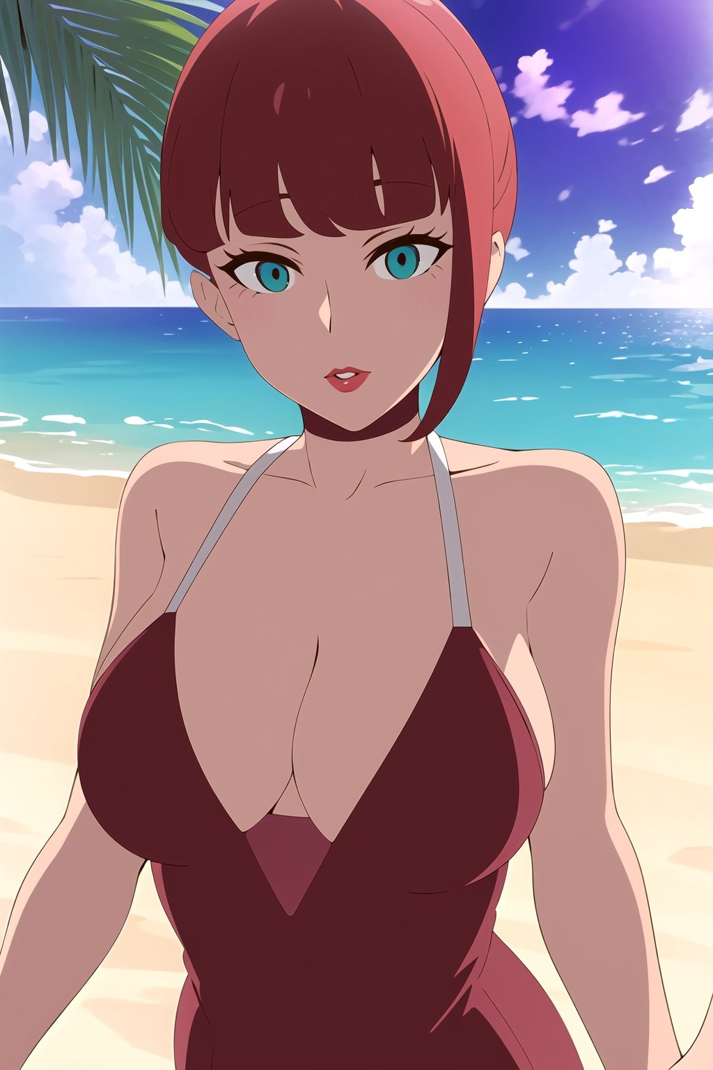 1woman, masterpiece, high quality, high detailed, high res, 4k, pixiv, solo, <lora:do_it_yourself_style-08:1> , doitstyle, red hair, medium hair, large breasts, red lips, (purple dress), long dress, sexy, (pov), sand, palms, ocean, beach, (perfect face and eyes)