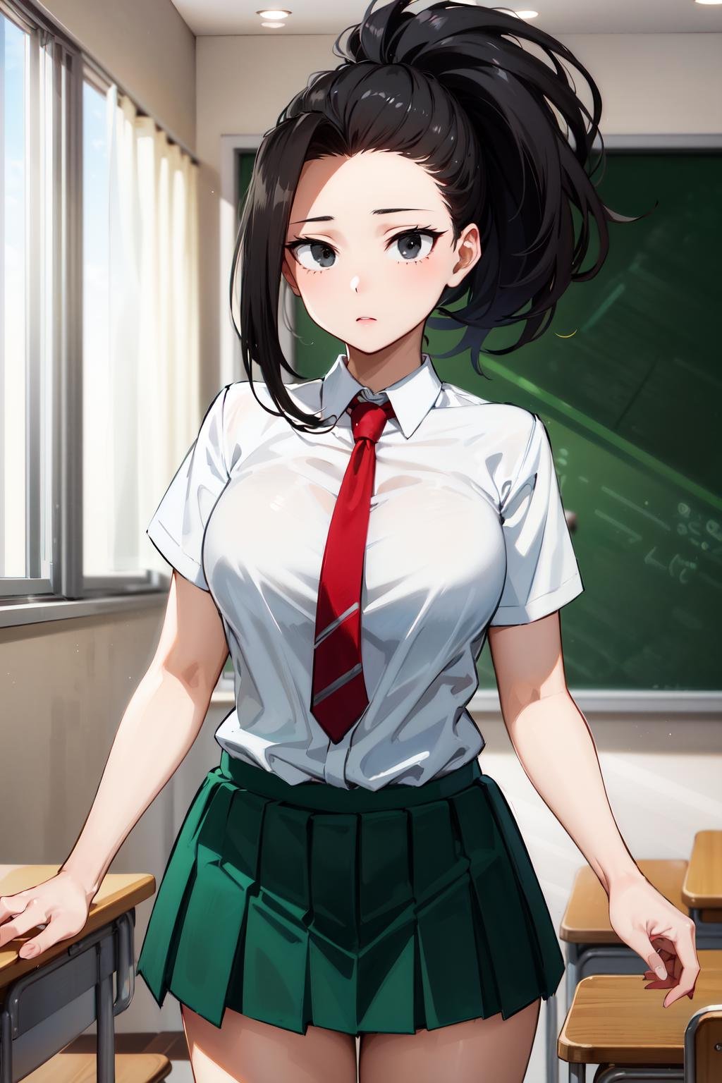 masterpiece, best quality, highres, 1girl, yaoyorozu momo, black hair, ponytail, hair pulled back, black eyes, large breasts, school uniform, white shirt, collared shirt, short sleeves, red necktie, green skirt, <lora:yaoyorozu_momo_v1:0.8>, standing, cowboy shot, indoors, classroom, 