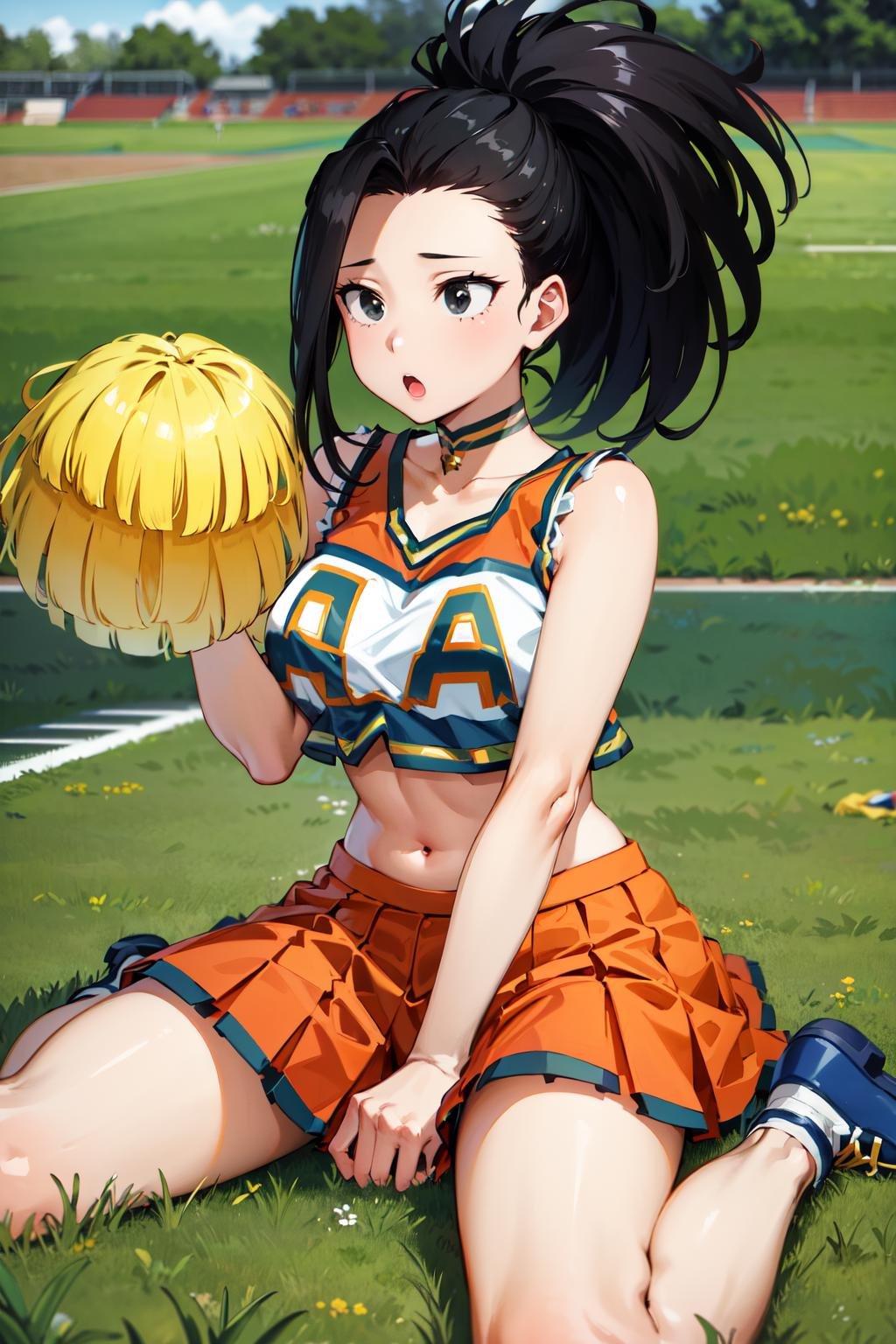 masterpiece, best quality, highres, 1girl, yaoyorozu momo, black hair, ponytail, hair pulled back, black eyes, large breasts, cheerleader, crop top, choker, sleeveless, pleated skirt, orange skirt, pom pom \(cheerleading\), <lora:yaoyorozu_momo_v1:0.8>, outdoors, :o, field, grass, wariza, sitting