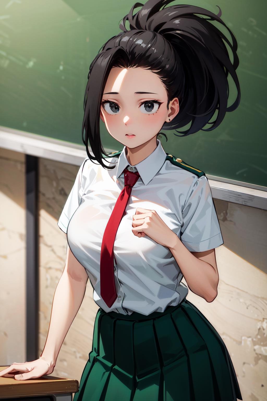 masterpiece, best quality, highres, 1girl, yaoyorozu momo, black hair, ponytail, hair pulled back, black eyes, large breasts, school uniform, white shirt, collared shirt, short sleeves, red necktie, green skirt, <lora:yaoyorozu_momo_v1:0.8>, standing, cowboy shot, indoors, classroom, 