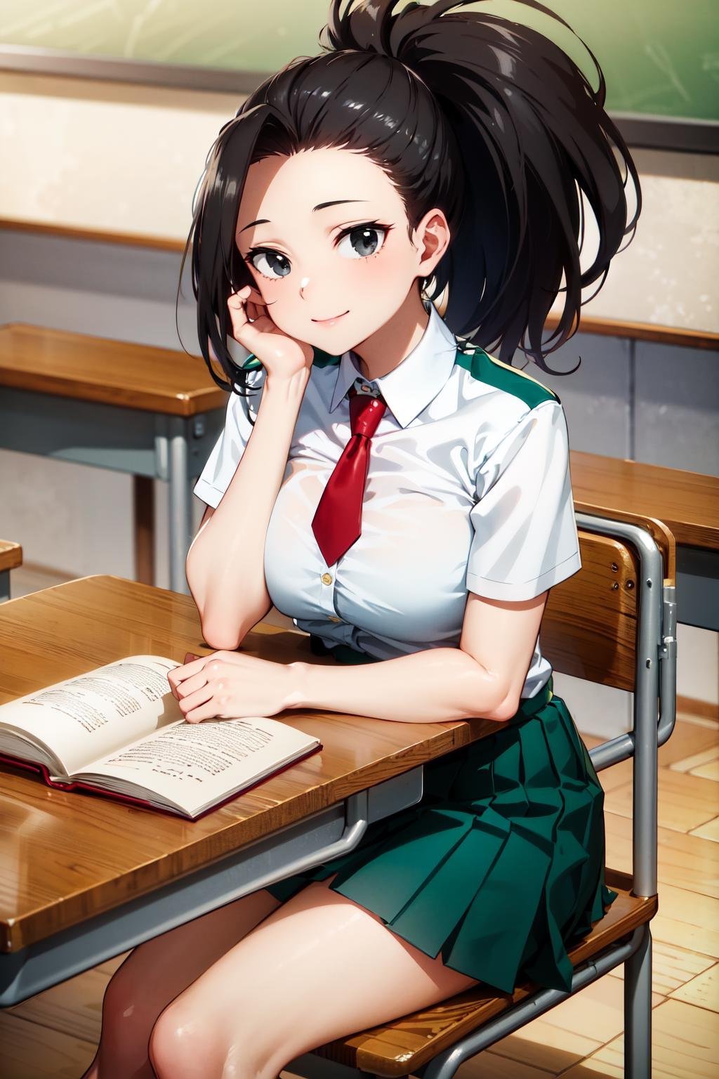 masterpiece, best quality, highres, 1girl, yaoyorozu momo, black hair, ponytail, hair pulled back, black eyes, large breasts, school uniform, white shirt, collared shirt, short sleeves, red necktie, green skirt, <lora:yaoyorozu_momo_v1:0.8>, classroom, sitting, desk, book, chair, smile, studying, hand on own face, 