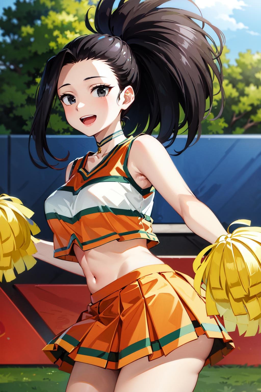 masterpiece, best quality, highres, 1girl, yaoyorozu momo, black hair, ponytail, hair pulled back, black eyes, large breasts, cheerleader, crop top, choker, sleeveless, pleated skirt, orange skirt, pom pom \(cheerleading\), <lora:yaoyorozu_momo_v1:0.8>, outdoors, smile, open mouth, 