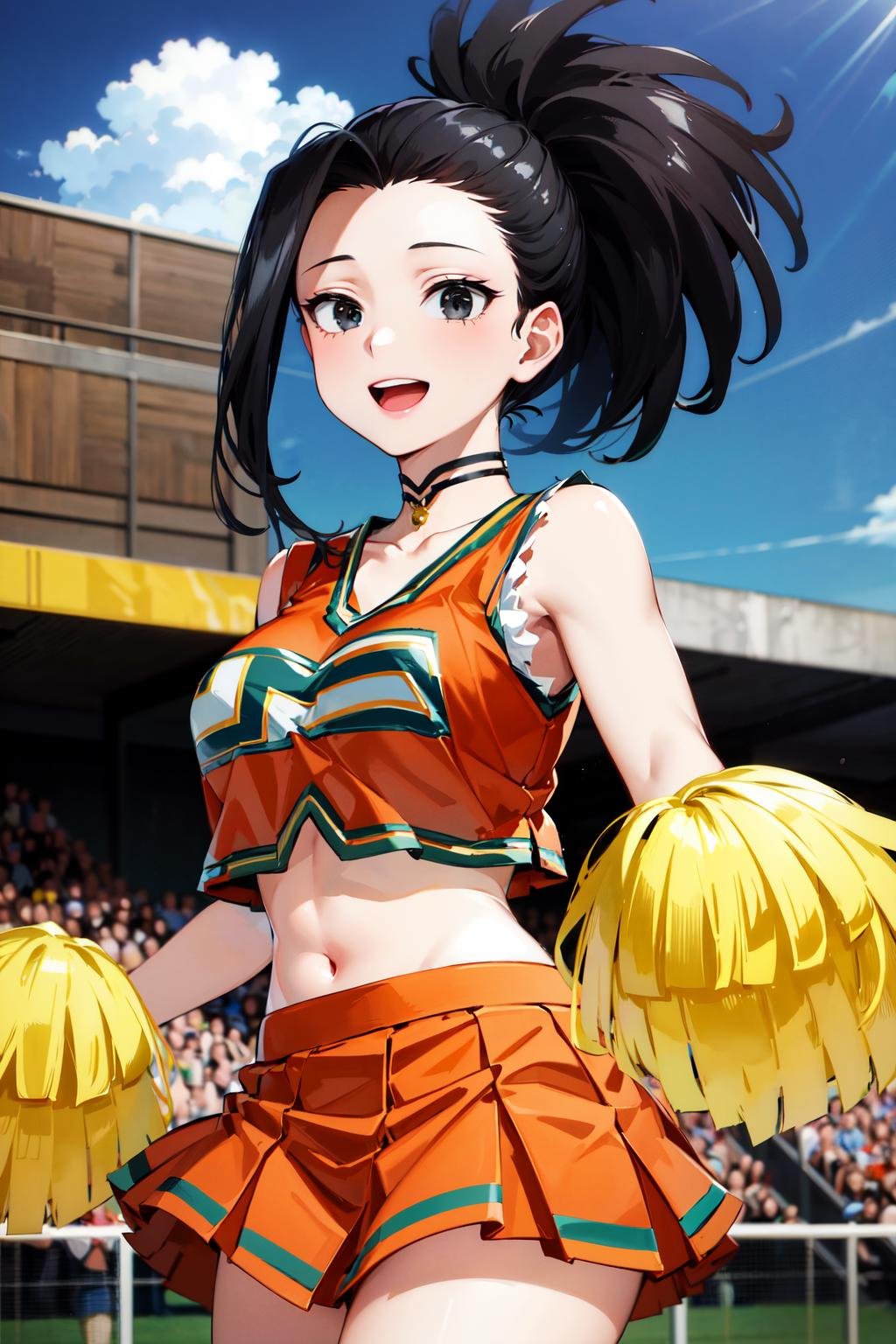 masterpiece, best quality, highres, 1girl, yaoyorozu momo, black hair, ponytail, hair pulled back, black eyes, large breasts, cheerleader, crop top, choker, sleeveless, pleated skirt, orange skirt, pom pom \(cheerleading\), <lora:yaoyorozu_momo_v1:0.8>, outdoors, smile, open mouth, cowboy shot, 