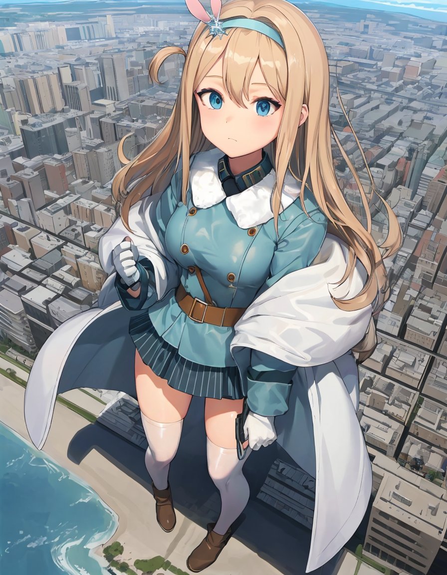 (extremely detailed CG unity 8k wallpaper),(masterpiece), (best quality), (ultra-detailed), (best illustration),(best shadow), (sharp eyeliner, eyeshadow, detailed eyes:1.2), (landscape, cityscape, gigagts, looming, aerial view, partially obstructed:1.2),BREAK(Suomi:1.2), full body, arms at side, standing<lora:GTSv4:1> <lora:(p)Suomi:1>