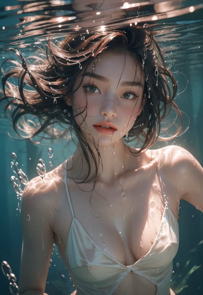 1girl, handsome, small chest, short brown hair, hair bow, green eyes, hand on chest , Chinese style, (wet body:1.4), under water,shuixia