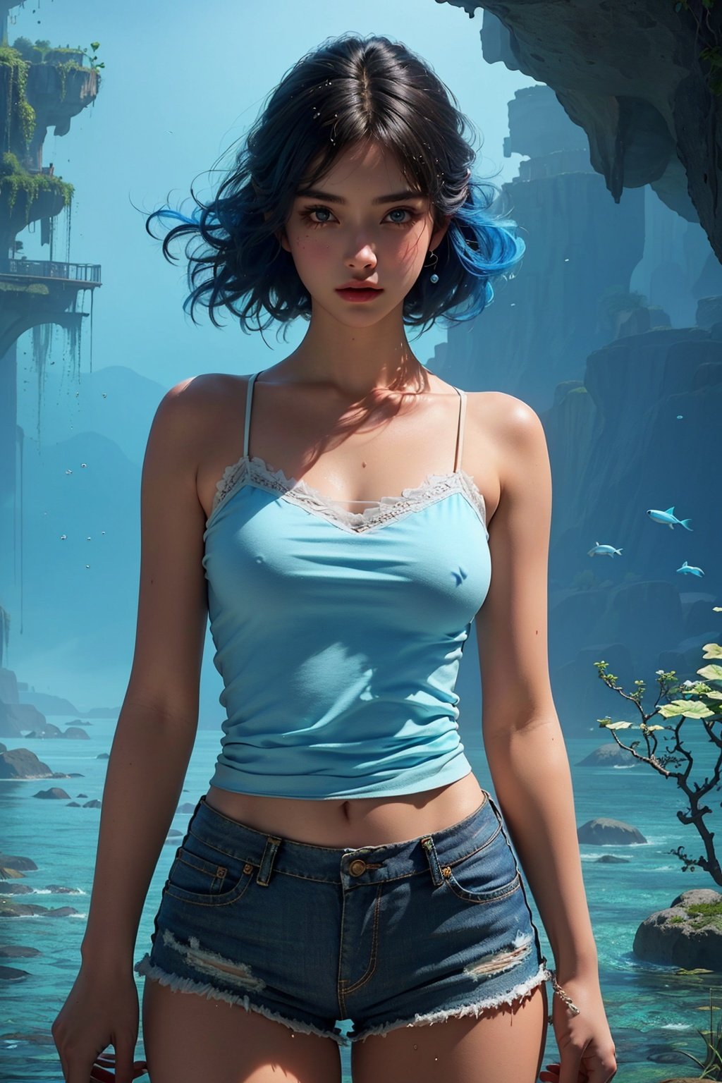 
(RAW photo, best quality),(realistic, photo-realistic:1.3),(extremely delicate and beautiful:1.1),
1girl,
white camisole, blue shorts,
(exquisitely detailed skin),
underwater, fishes, plants, fantasy,
best shadow,intricate,
cinematic light,perfect anatomy,(coolcolor:1.4),water,yushuishu