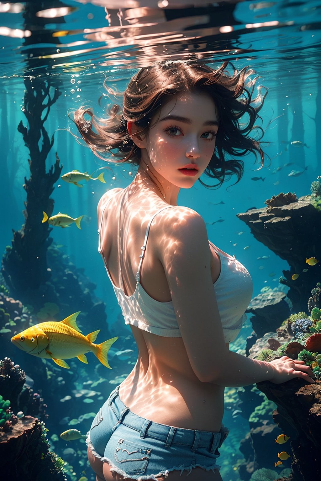 
(RAW photo, best quality),(realistic, photo-realistic:1.3),(extremely delicate and beautiful:1.1),
1girl,
white camisole, blue shorts,
(exquisitely detailed skin),
underwater, fishes, plants, fantasy,
best shadow,intricate,
cinematic light,perfect anatomy,(coolcolor:1.4),water,yushuishu,Forest system, (original), Underwater Di,shuixia