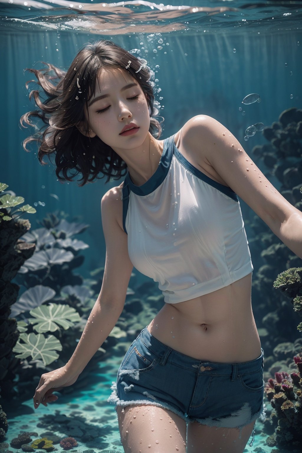 (RAW photo, best quality),(realistic, photo-realistic:1.3),(extremely delicate and beautiful:1.1),
1girl, closed eyes,
white camisole, blue shorts,
(exquisitely detailed skin),
underwater, fishes, plants, fantasy,
best shadow,intricate,
cinematic light,perfect anatomy,(coolcolor:1.4),water,yushuishu,Forest system, (original), Underwater Di