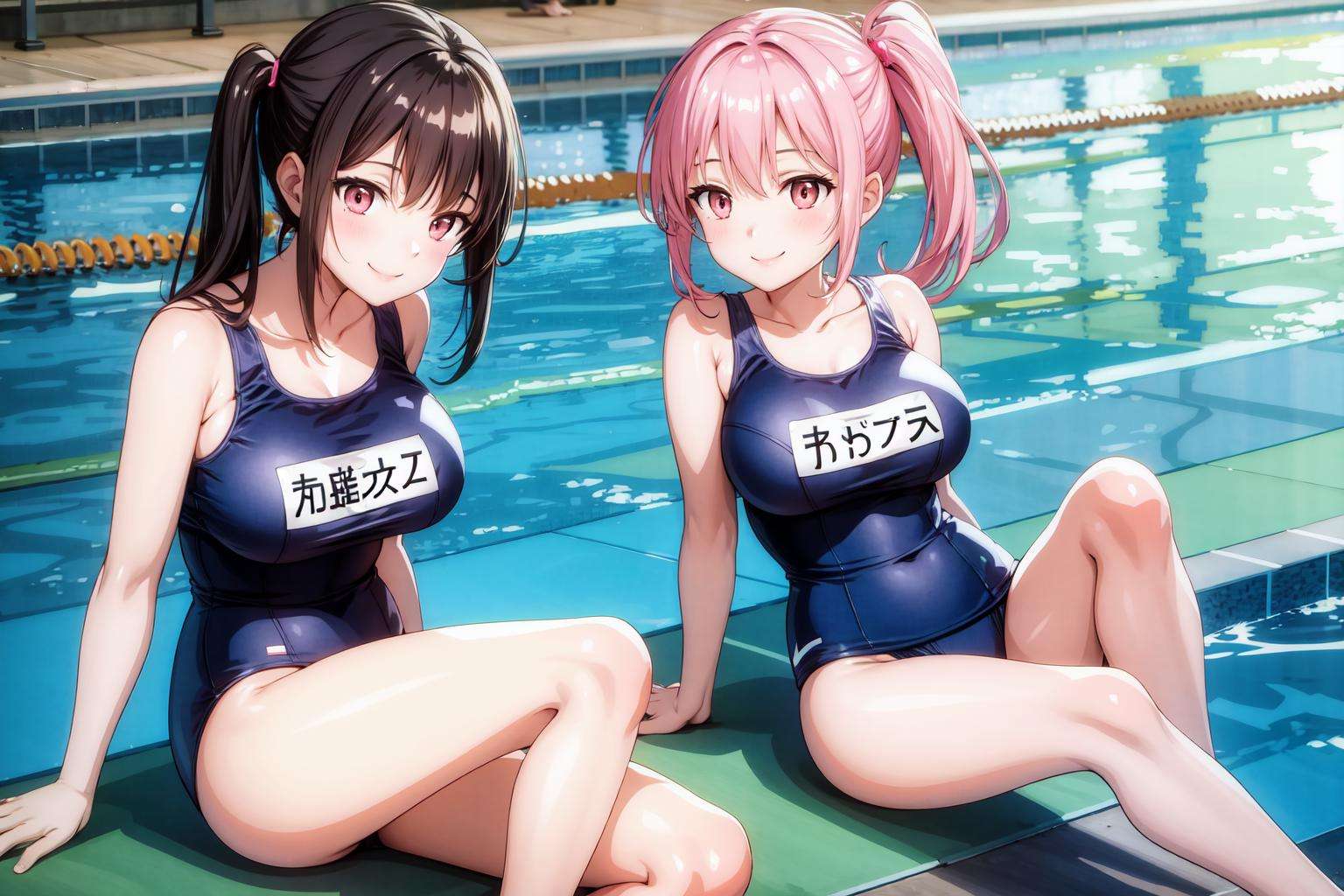 (((masterpiece, best quality, highres))), 2 girls, pink ponytail, large breasts, school swimsuit, smile, sitting, talking, looking at another, school poolside,<lora:HoukaiPostProcess:0.5>, <lora:add_detail:0.4>,