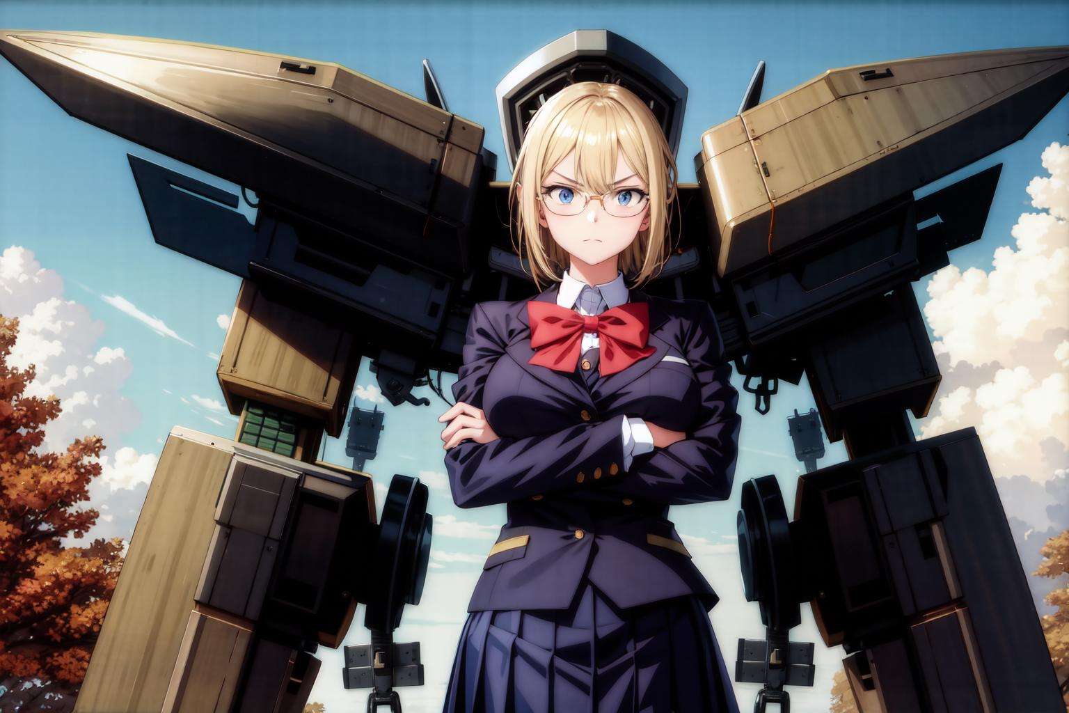 (((masterpiece, best quality, highres))), 1 girl, solo, dark blonde lob, large breasts, school uniform, angry, closed mouth, glasses, crossed arms, cowboy shot, looking at viewer, outdoor, mecha,<lora:HoukaiPostProcess:0.5>, <lora:add_detail:0.4>,