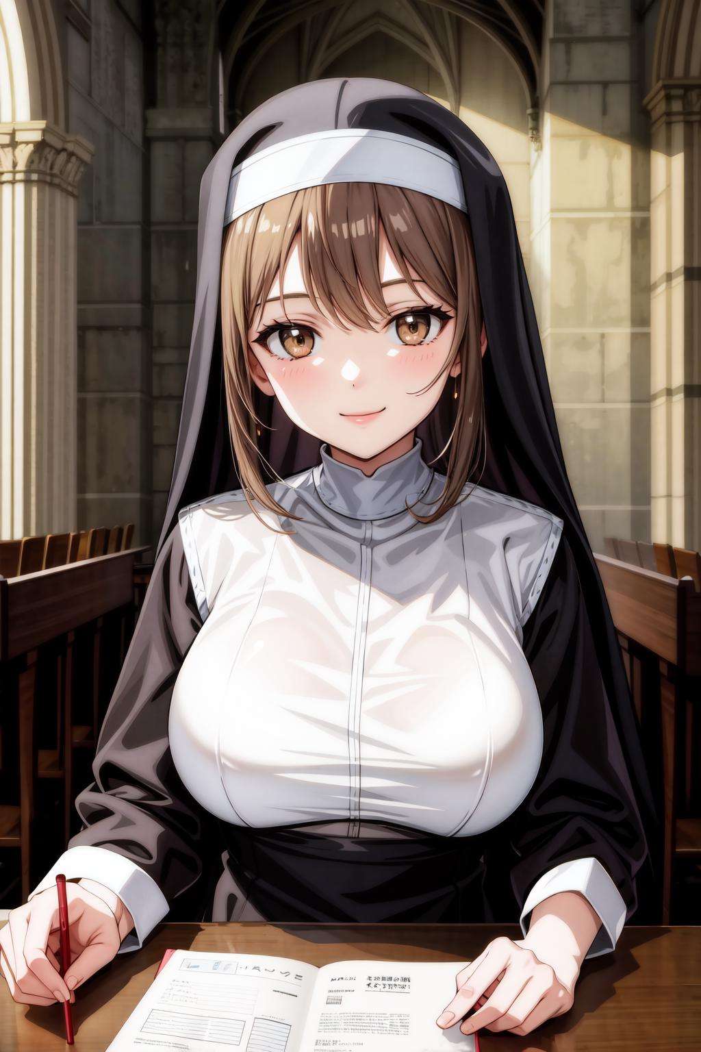 (((masterpiece, best quality, highres))), 1 girl, solo, ash brown medium hair, large breasts, nun, light smile, hands on table, cathedral,<lora:add_detail:0.4>,