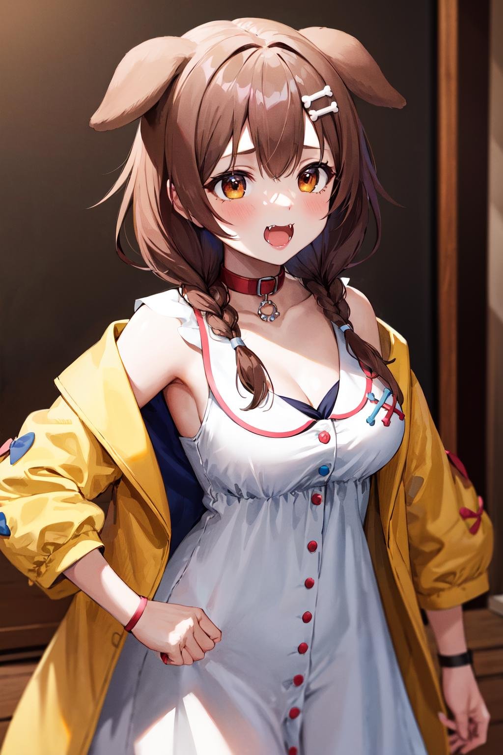 masterpiece, best quality, highres, ik1, 1girl, white dress, yellow jacket, dog tail, animal collar, cleavage, medium breasts, wristband, cartoon bone, hairclip, fangs, <lora:inugami_korone_v1:0.7>, cowboy shot, 