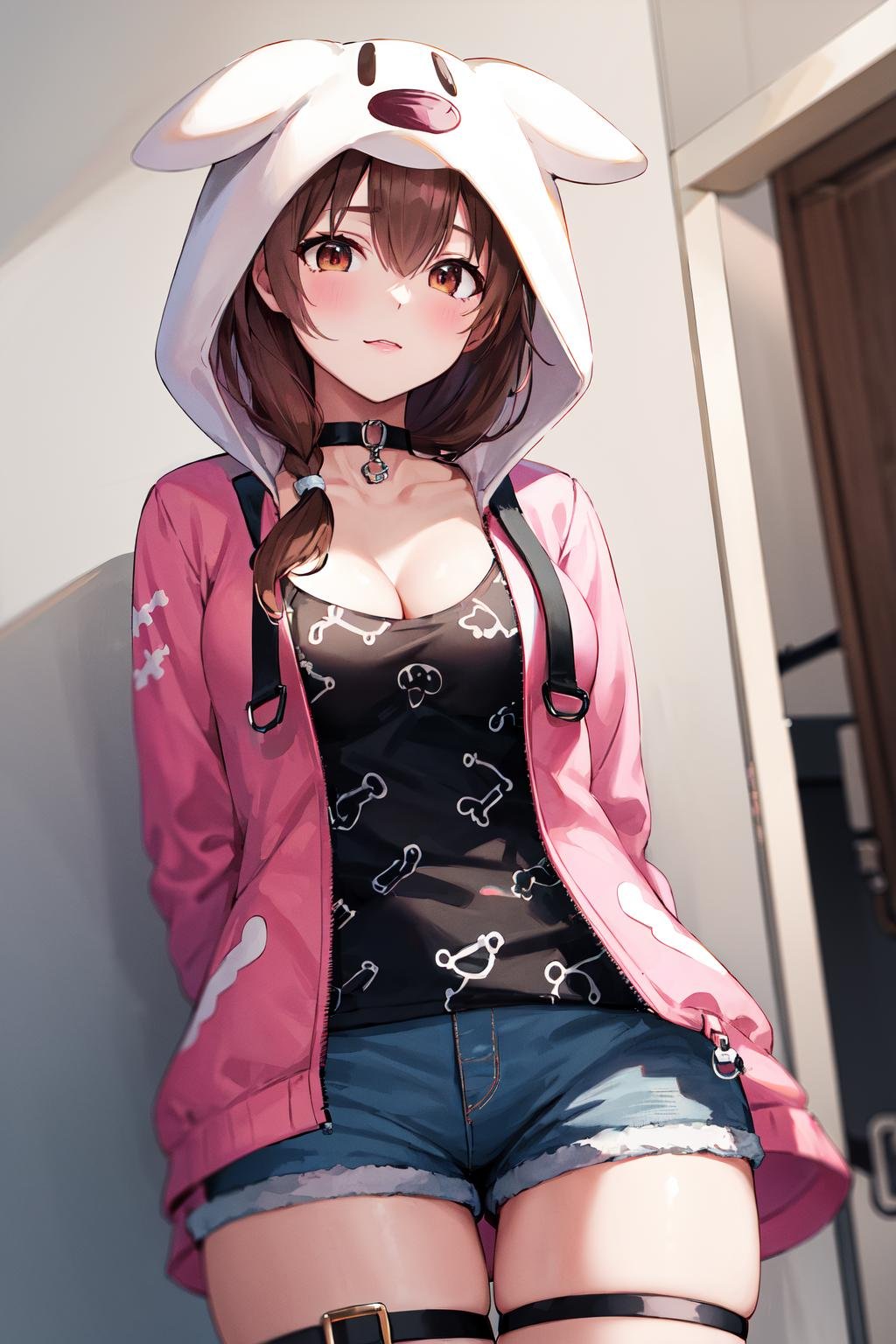 masterpiece, best quality, highres, ik3, brown hair,  black shirt, animal hood, cleavage, pink jacket, blue shorts, black choker, short shorts, medium breasts, thigh strap, print shirt, <lora:inugami_korone_v1:0.7>, cowboy shot, arms behind back, 