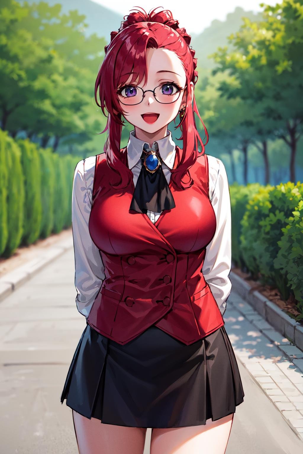 masterpiece, best quality, highres, km1, 1girl, red hair, sidelocks, brooch, jewelry, ascot, red vest, miniskirt, black_skirt, long sleeves, glasses, <lora:kazami_mizuho_v1:0.6>, outdoors, graden, arms behind back, smile, open mouth, 