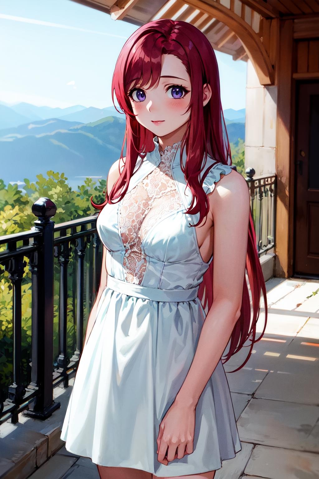 masterpiece, best quality, highres, km1, 1girl, red hair, long hair, dress, <lora:kazami_mizuho_v1:0.6>, 