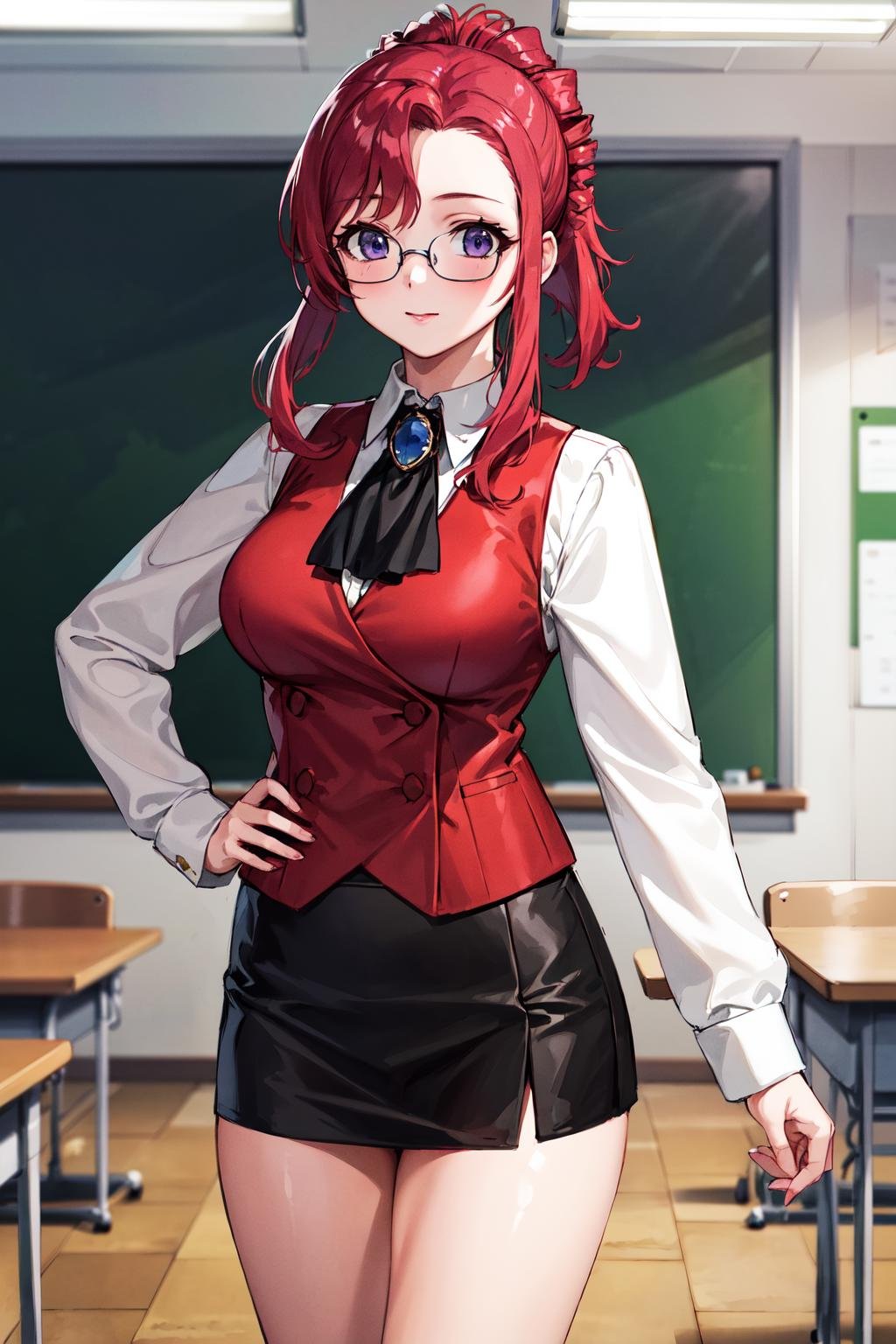 masterpiece, best quality, highres, km1, 1girl, red hair, sidelocks, brooch, jewelry, ascot, red vest, miniskirt, black_skirt, long sleeves, glasses, <lora:kazami_mizuho_v1:0.6>, classroom, standing, cowboy shot,