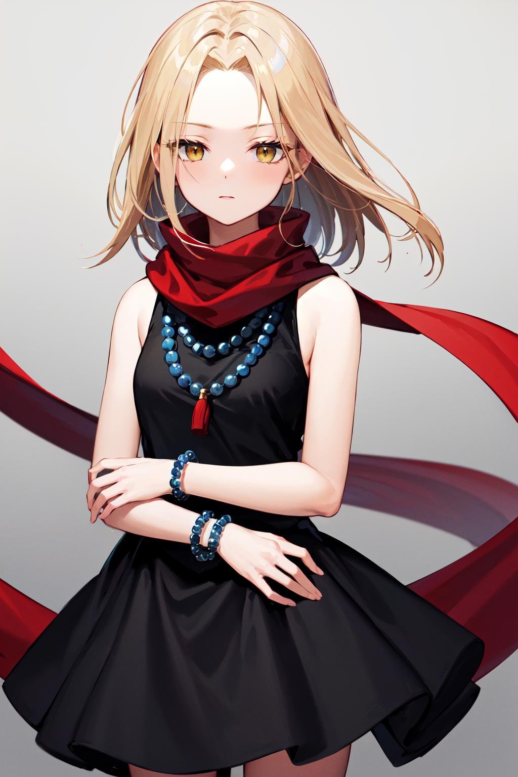 masterpiece, best quality, highres, kaa, yellow eyes, black dress, bead necklace, sleeveless, bracelet, red scarf, <lora:kyouyama_anna_v1:0.7>, cowboy shot