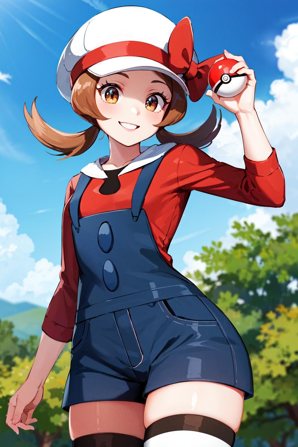 masterpiece, best quality, highres, ly01, overalls, white thighhighs, red bow, red shirt, white headwear, hat bow, eyelashes, <lora:lyra_v1:0.6>, cowboy shot, outdoors, smile, holding poke ball, poke ball, 