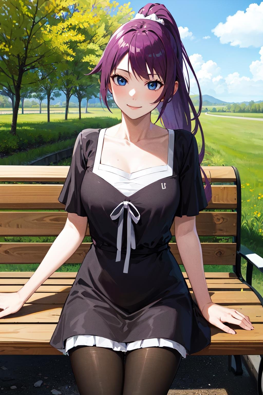 masterpiece, best quality, highres, sh1, senjougahara hitagi, long hair, ponytail, black dress, pantyhose, <lora:senjougahara_hitagi_v1:0.7>, cowboy shot, outdoors, sitting, bench, smile,