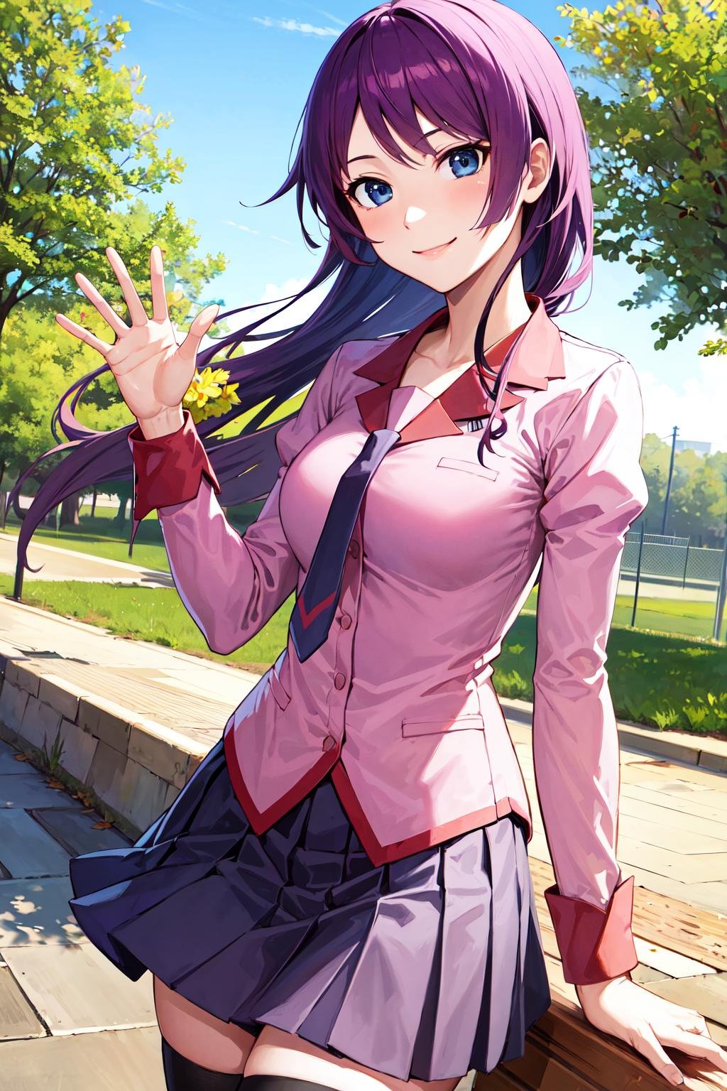 masterpiece, best quality, highres, sh1, senjougahara hitagi, long hair, long sleeves, necktie, school uniform, pleated skirt, juliet sleeves, black thighhighs, pink shirt,  <lora:senjougahara_hitagi_v1:0.7>, cowboy shot, outdoors, waving, smile,