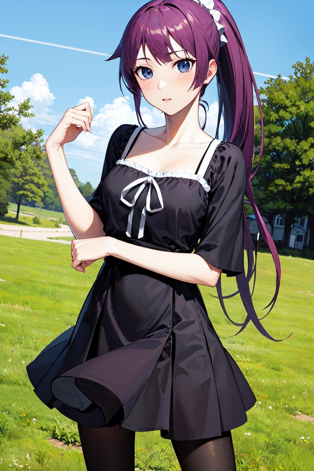 masterpiece, best quality, highres, sh1, senjougahara hitagi, long hair, ponytail, black dress, pantyhose, <lora:senjougahara_hitagi_v1:0.7>, cowboy shot, outdoors, standing,